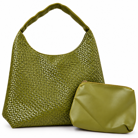 Bolso tipo tote tejido con monedero color verde olivo