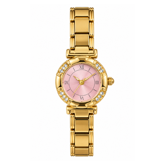 Reloj dorado circular con fondo rosa y piedritas a los lados
