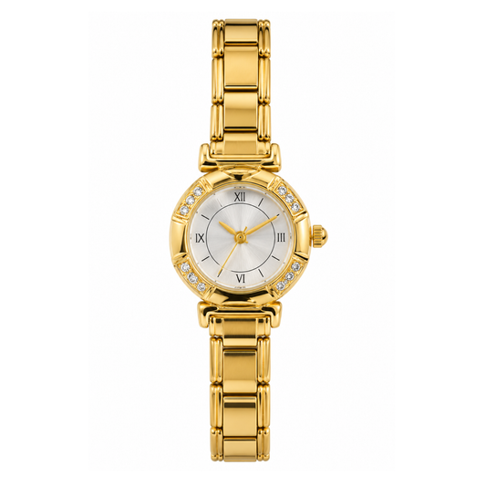Reloj dorado circular con fondo blanco y piedritas a los lados