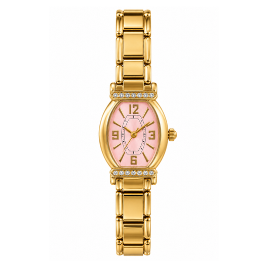 Reloj dorado ovalado con fondo rosa