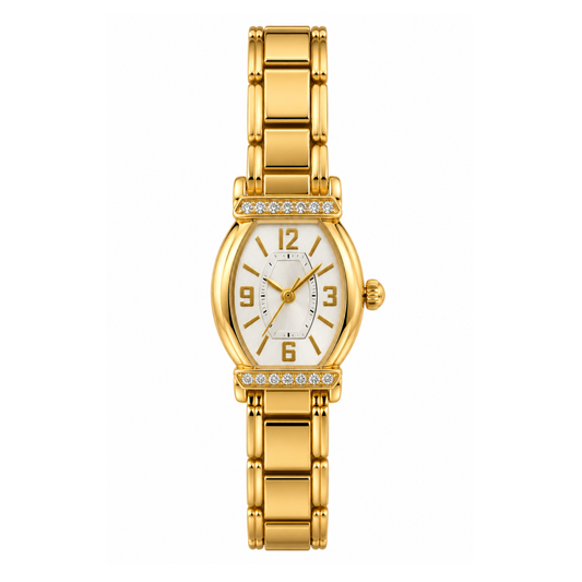 Reloj dorado ovalado con fondo blanco