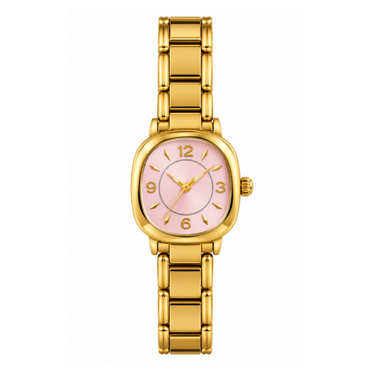 Reloj dorado cuadrado con fondo rosa
