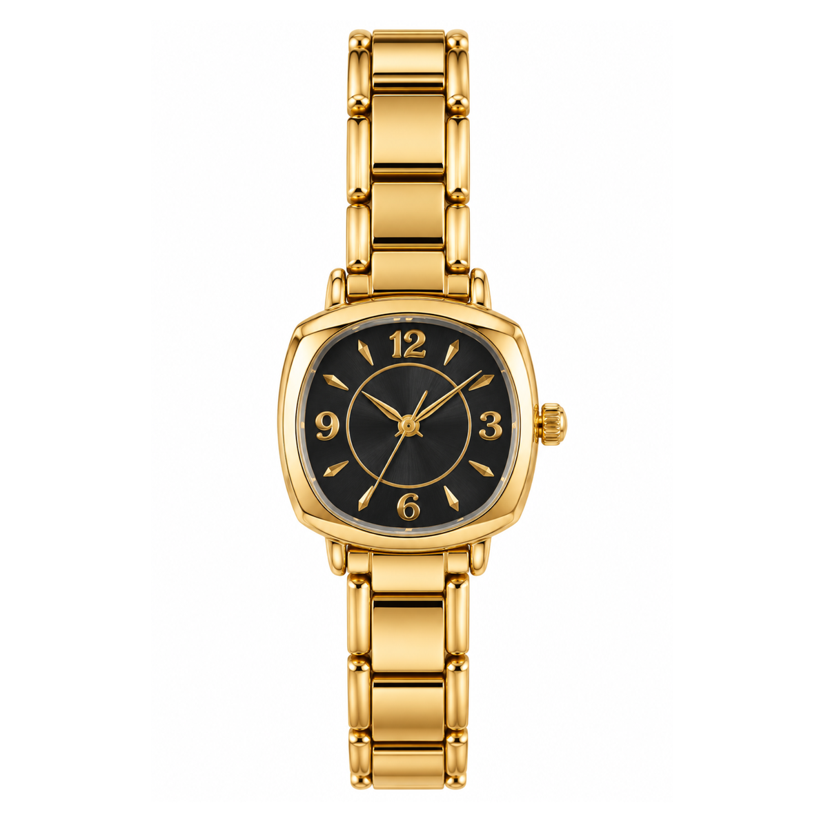 Reloj dorado cuadrado con fondo negro
